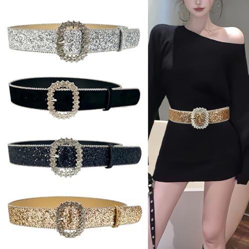 Blingbling Rhinestones Buckle Belt for Women Girl Sequins PU Belt for Evening Party Dresses New Year Party Waist Ornamen2