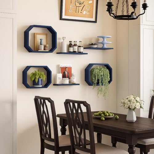Image of Wall Mounted Floating Shelves Set of 6, Multipurpose Display, Book, Storage & Decor Shelves, Octagon Shape Wooden Wall Shelf for Living Room, Bedroom, Kitchen (Navy)