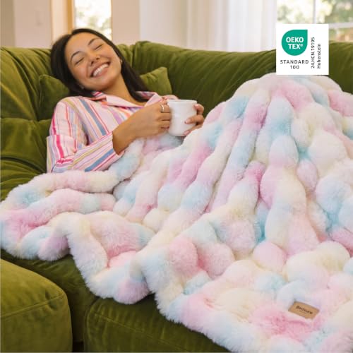 Image of Bedsure Fluffy Bubble Faux Fur Throw Blanket, 50 inchx60 inch, Tie-dye Rainbow