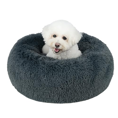 Image of Best Pet Supplies Round Calming Dog Bed for Small, Medium & Large Dogs, Plush Donut Cuddler Pet Bed w /Raised Rim for Head, Neck Support, Anti-Slip Bottom Washable Bed - Gray, 24 x 24 x 7