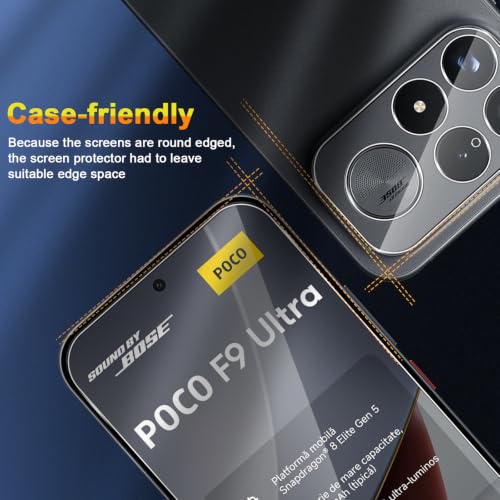 QULLOO Folia ochronna do Xiaomi Poco F9 Ultra do szkła pancernego, 3 sztuki folii ochronnej na wyświetlacz z 3 sztukami ochrony aparatu, szkło hartowane o twardości 9H, szkło hartowane HD