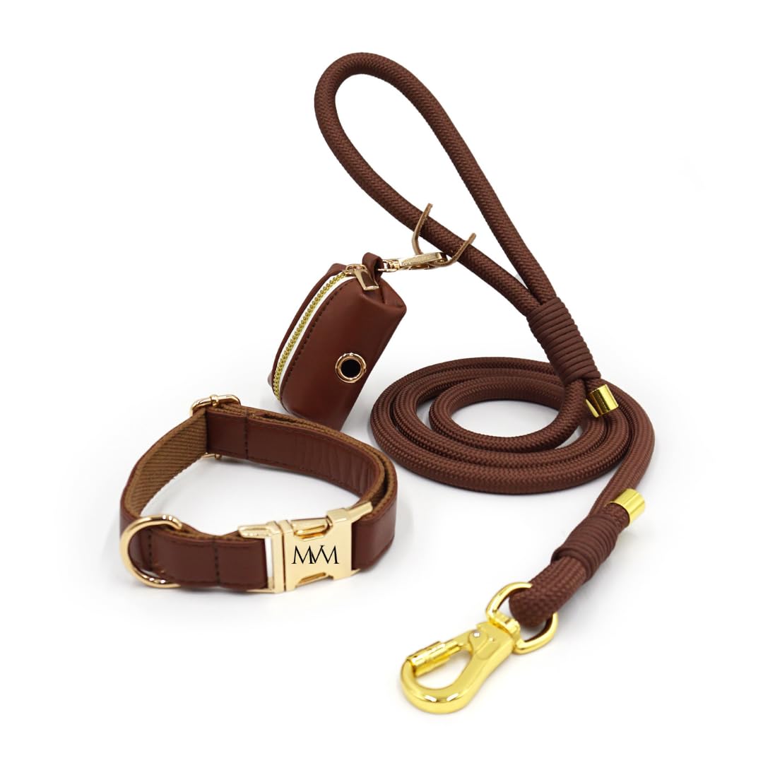 MVM Hundeleine mit Halsband & Kotbeutelspender Set - Wasserdicht & Pflegeleicht - PU Leder & Geflochtenes Nylon - Goldene Verschlüsse - Verstellbar Kleine, Mittlere & Große Hunde - [Dunkelbraun,