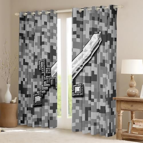 Castle Fairy Grey Pixel Style Window Curtain,Geometric Miner Grid Privacy Blackout Curtain for Window Cool Sword Shade Windows Covering for Bedroom Video Games Drapes 2 Panels,38Wx45L by Castle Fairy - Used condition - Image 2