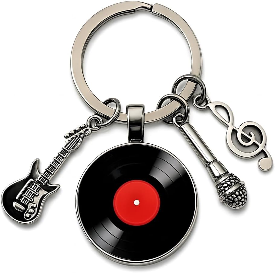 SUPAC Music Lover Keychain with Vinyl Record, Guitar, Microphone and Musical Note Charms, Silver, Music Gifts