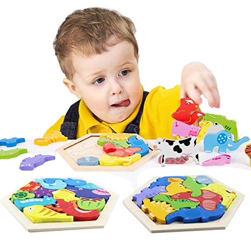 Arlai 3 Packs Wooden Puzzles For Kids, 3D Multi-Theme Animals Fruits Food Jigsaw Puzzles Montessori Learning Toy For Preschoolers Age 3+, Boys & Girls #TOP6