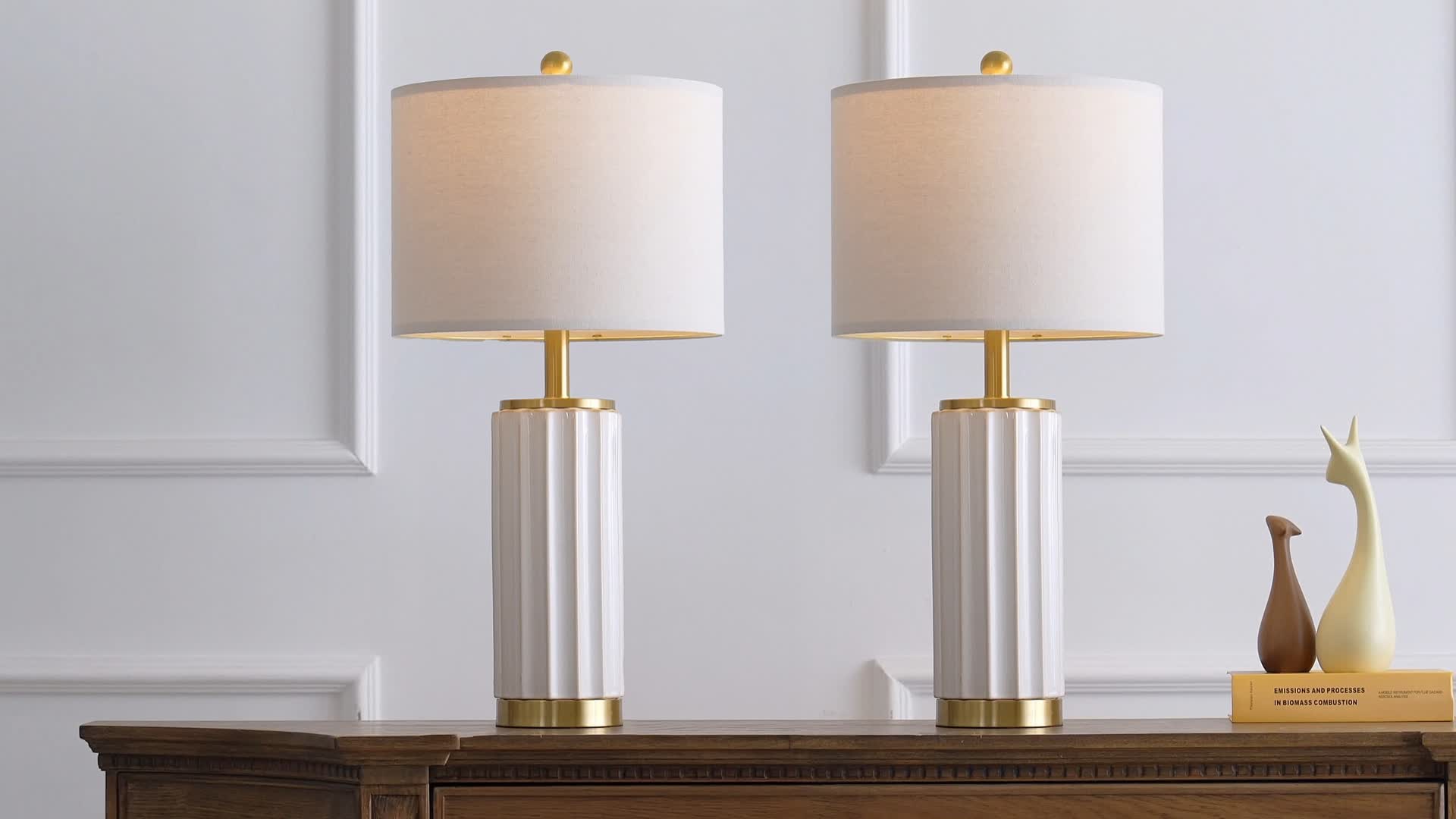 Image of USumkky 25.75 inch Off-White Ceramic Table Lamp Set of 2, Mid Century Modern Bedside Nightstand Lamps for Bedroom Living Room, Linen Shade & Gold Metal Base, Rotary Switch E26 (Bulbs Excluded)
