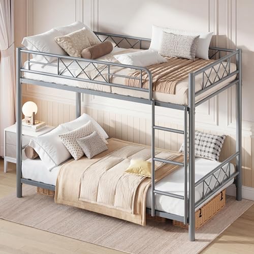 Garvee Bunk Bed Twin Over Twin with Extra High Guardrail, Heavy Duty Metal Frame & Sturdy Slats, No Box Spring Needed, Space Saver, Gray, Grey, Twin o