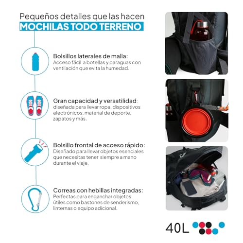 OcioDual Mochila Senderismo 40 Litros, Mochila Trekking, Montaña y Camino de Santiago, Multifuncional, Ligera, Mochilas Hombre para Camping, Acampada, Marcha Nórdica, Supervivencia, Negro - imagen 4