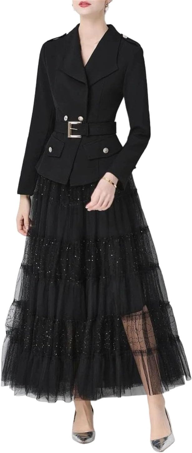 Women's Notched Collar Long Sleeve Single Breasted Mesh Jacket with Sash and Mid Calf A-Line Skirt Two Piece Workwear Set