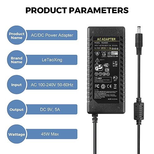 LeTaoXing 9V 5A Power Adapter Supply AC 100V~240V to DC 9 Volt 45W 5amp 9V/5A Converter Transformer with 5.5x2.5mm Plug Cord for Electrical Products - Thumbnail 6
