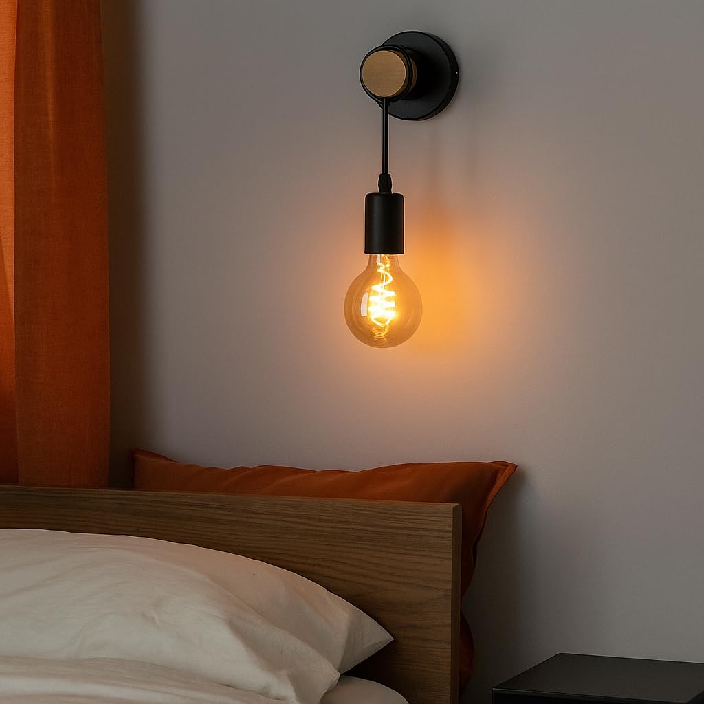 B·LED BARCELONA LED BarcelonaLED Okrągła lampa ścienna z naturalnego drewna z gniazdem E27 czarny wisiorek kabel w stylu vintage nordycki do przedpokoju sypialni salonu