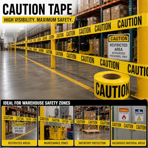 Image of ATERET Premium Yellow Caution Tape 12-Pack 3 inch x 1000 feet, Hazard Safety Tape, Construction Tape for Danger /Hazardous Area, Ideal Use for Halloween Decorations, Party, Work-Site