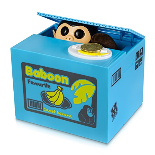 Grinscard Spardose Obstkiste mit AFFE - Blau Diebischer AFFE Design - Gadget Elektro Sparbüchse als Geschenkidee