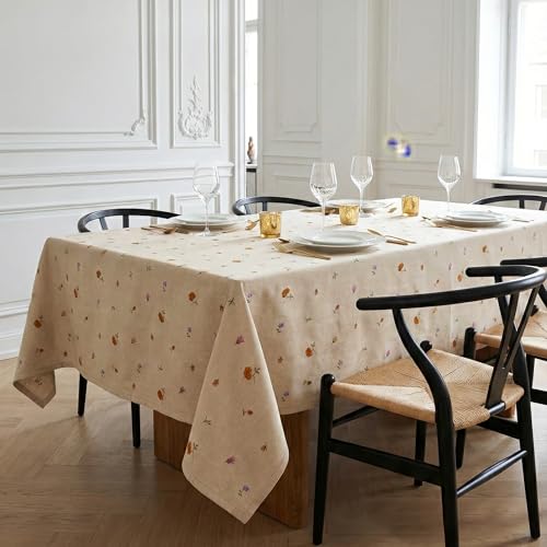 RUSTIQUE LINENS Embroidered Cotton Tablecloth 60 x 90 Inch Rectangle – Washable & Colorfast Table Cover for Dining Room, Farmhouse, Kitchen, Home, Party & Wedding Décor - Beige Oasis