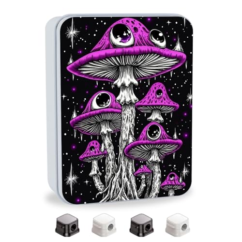 Image of Metal Tin Box with Lid,Multi-functional Storage Large Box Can Store Tea Biscuits Game Cards, Playing & Tarot Cards-Comes with 4 Magnetic Cord Clips,Psychedelic Purple Mushrooms