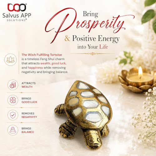 Image of Salvus APP SOLUTIONS Brass Made Wish Fulfilling Tortoise /Turtle Religious - Feng Shui Charm for Home Decor, Positive Energy, and Prosperity (White & Golden 3x1.2 Inch)