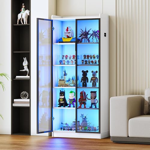 Gurexl 165 Cm Vitrine sur Pied avec Capteur de Corps Humain,Armoire de Collection en Debout lumières avec Porte en Acrylique et 5 Compartiments,Moderne...