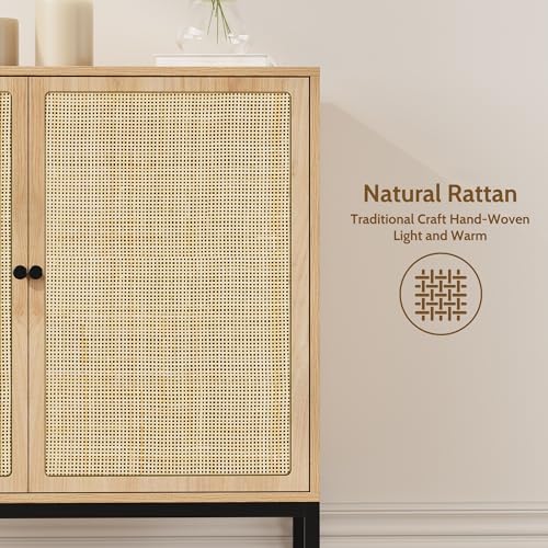 Yechen Set of 2 Rattan Sideboard Cabinets with Cane Doors, 31.5" W Boho Storage Buffet for Entryway, Kitchen, or Living Room – Natural Finish Accent Furniture - Image 4