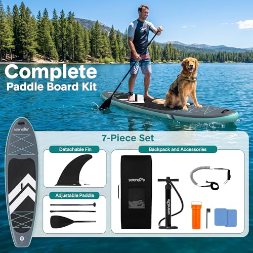 Image of SereneLife 10'6 inch Inflatable Stand Up Paddle Board with Premium SUP Accessories - 32 inch Wide Stable Design with Non-Slip EVA Deck Pad, for Youth and Adults, 350 lbs. Capacity