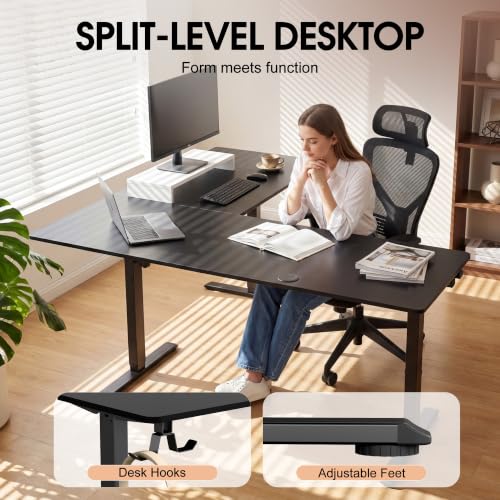 Image of Furmax 63 x 48 Inch L Shaped Standing Desk with 2 Preset Heights, Electric Height Adjustable Computer Table, 2 Hooks & Feet Balance, Corner Sit Stand Desk for Home Office (Black, 63 x 48 Inch)