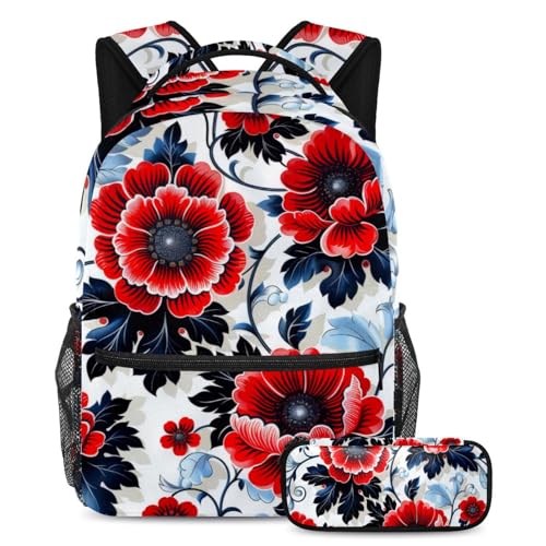 Sac à dos fleurs rouges ergonomique et grande trousse pour organiser vos cours d'étudiant