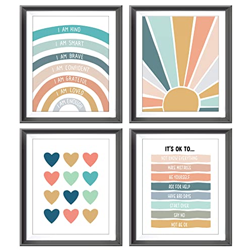 I Am Kind Smart Brave Positive Affirmations Mental Health Poster Prints For Teens Room Playroom Nursery Classroom Decor,Boho Rainbow Sunshine Decorations Prints Wall Art Unframed 4Pcs 8X10 Inches (8Wx10L) #TOP13