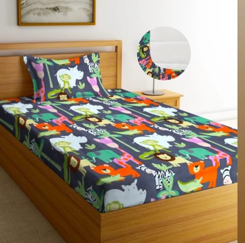Image of NEW LEAF Premium 100% Cotton Feel Elastic Fitted Single Mattress Bedsheets with 1 Pillow Cover| All Around Elastic 200 TC Supersoft | (Size-78+36+6 inches, Navy Jungle Safari