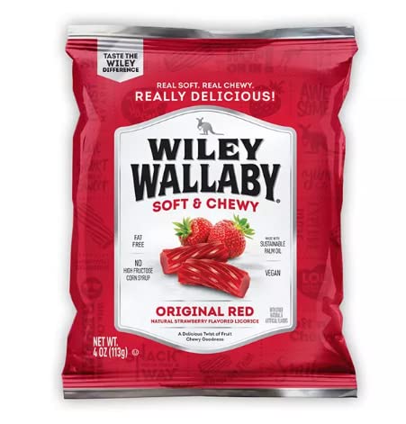 Wiley Wallaby, caramelo clásico de regaliz rojo, regaliz natural con sabor a fresa, vegano, sin grasa, sin jarabe de maíz de alta fructosa