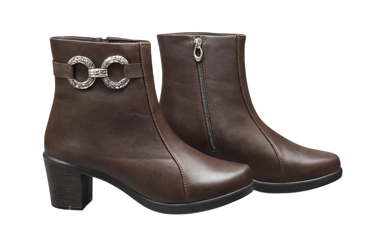 Women Leather Ankle Boots | Zipper Closure | Upper Metal Buckle Detail Design | Casual Party Foot Use-image-1