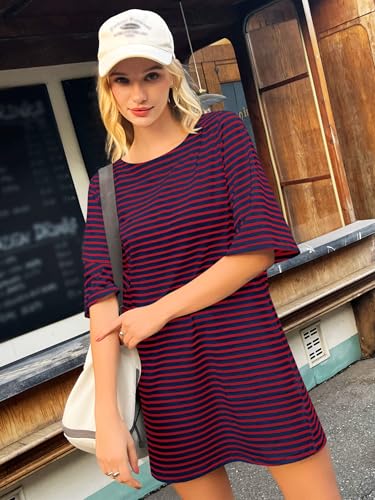 Image of Yousify Women's T Shirt Dress Cotton Summer Dresses 2026 Casual Loose Short Sleeve Striped Mini Dress with Pockets