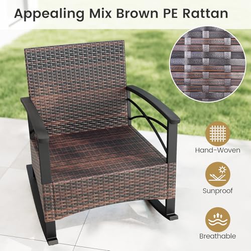 Image of Tangkula 3 Pieces Wicker Outdoor Rocking Chairs Set | Heavy Duty Cushioned Rattan Patio Rocker Bistro Set, 2-Tier Side Table w / Acacia Wood Tabletop, for Porch Balcony Backyard