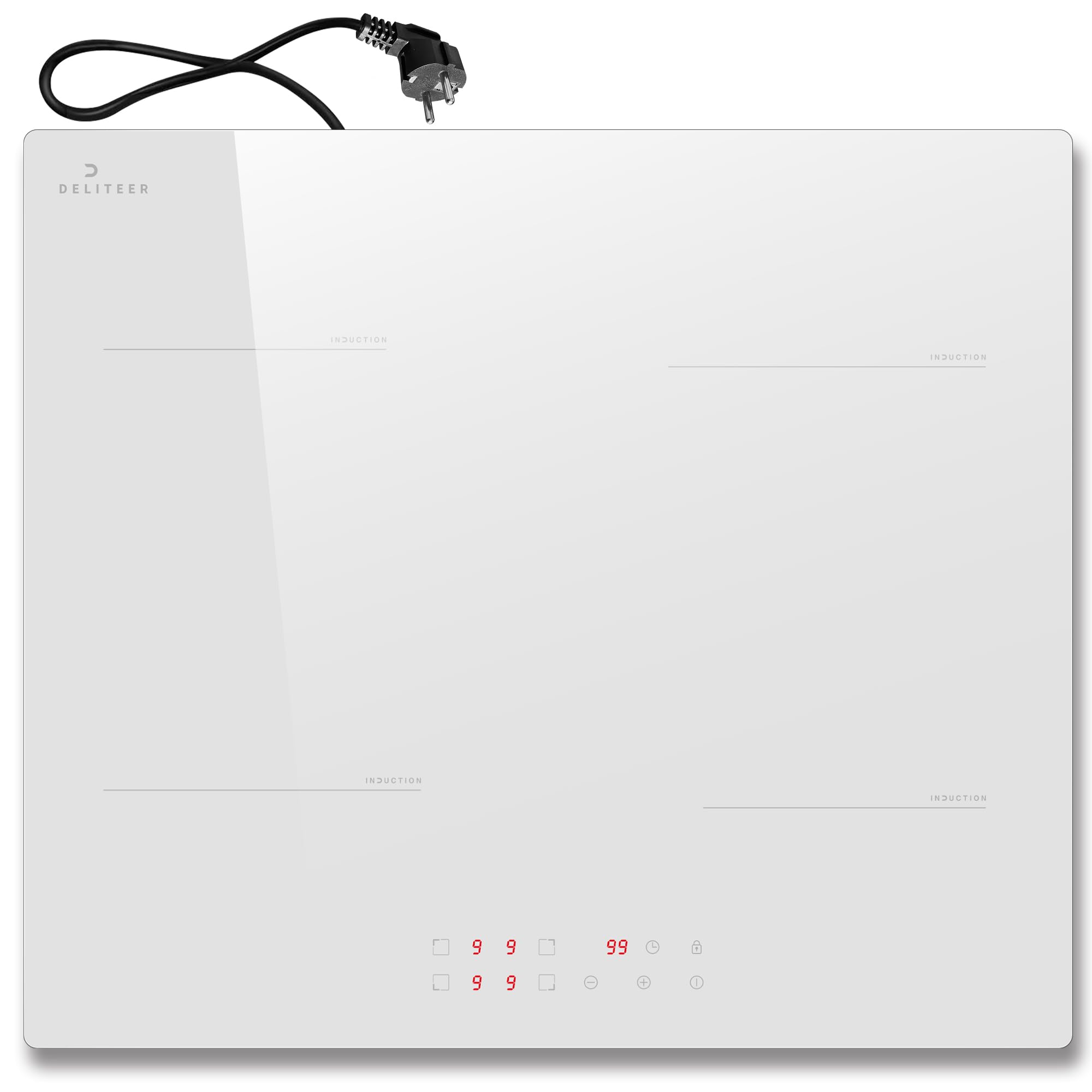 Placa de inducción 4 fuegos DELITEER, placa empotrable de 59 cm, cristal cerámico blanco, 9 niveles de potencia, bloqueo de seguridad, control táctil, 220 V ~ 240 V, 3500 W, Con enchufe.