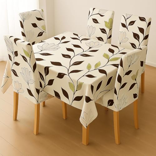 Image of Styleys Dining Chair Cover with Table Covers for Kitchen Waterproof Dining Table Cloth (1 Table Cover + 4 Chair Cover, Beige /Brown /Green Leaf Flower, CTSLMC138)