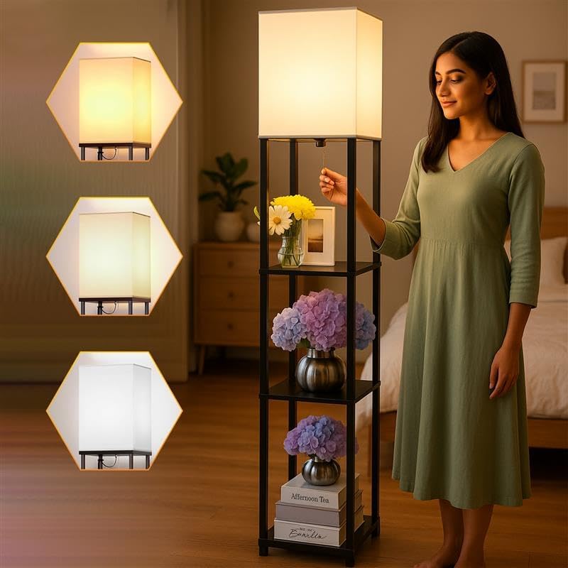 Image of HOMIFLY 4 Tier Metal Floor Lamp with Wooden Shelves /Square Lamp with 3 Adjustable Color Mode /Corner Display Book & Vase Shelf /Standing Night Lamps for Living-Study Room /Bedroom /Home Decor(Black)
