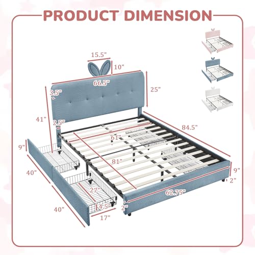 Image of Queen Led Bed Frame with 4 Storage Drawer, Upholstered Platform Floor Bed with Rabbit Ear Headboard Daybed Strong Wooden Slats No Box Spring Needed for Kids Girls Boys, Blue