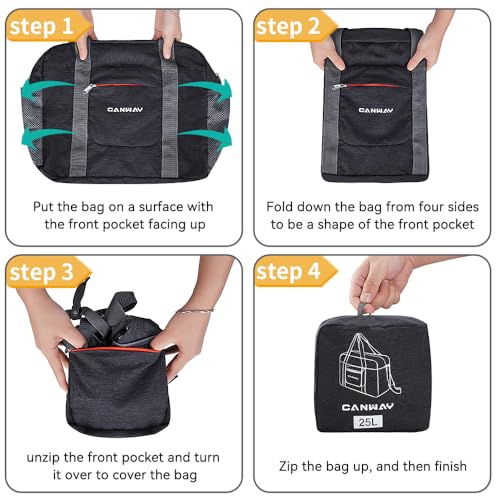 CANWAY For Spirit Airlines Personal Item Bag 18x14x8, 25L Foldable Travel Duffel Bag Tote under Seat Carry on Luggage Weekender, Lightweight, Black