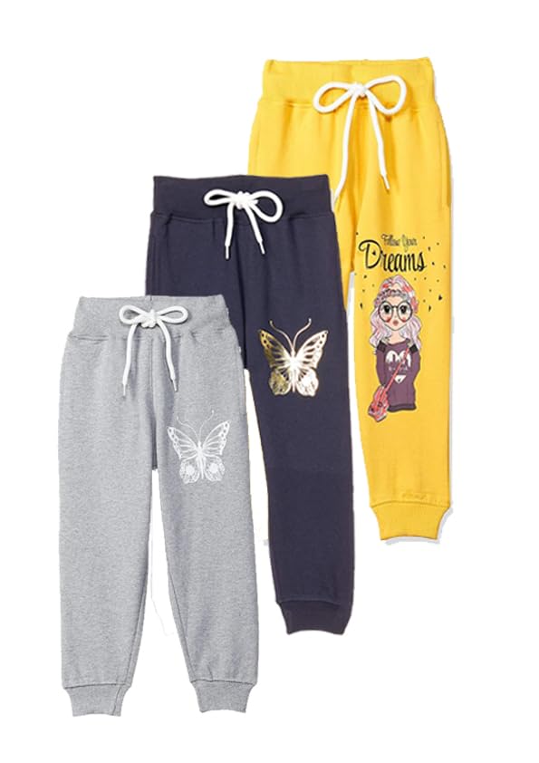 T2F Girls Regular Fit Printed Cotton Joggers Track Pants (Pack of 3)