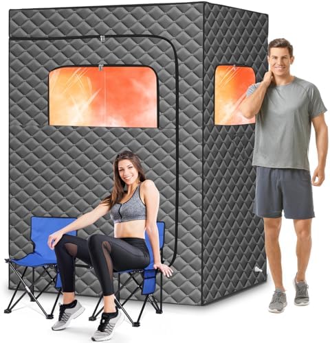 2 Person Portable Steam Sauna for Home, Extra Large Sauna Box for Relaxation, Detoxification, 2 Steamer, 2 Foldable Chair & Remote Control, Grey
