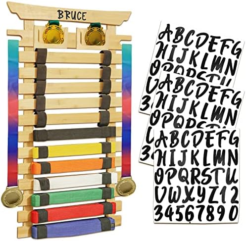 IHEL Karate Belt Display Rack 10/12 Belt - Taekwondo Belt Display, Personalize with Stickers and Medal Display Case for BJJ, Jiu Jitsu, TKD, Martial… (Bamboo-12)