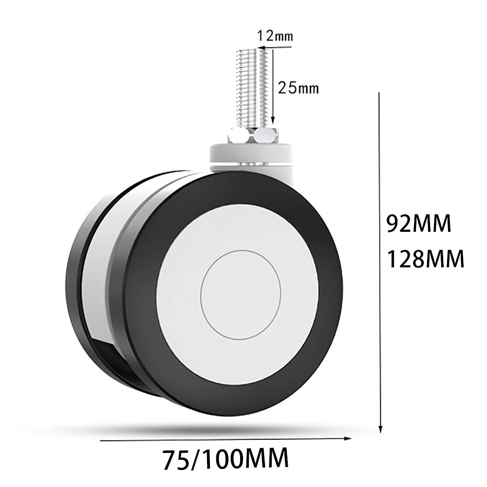 Wytrzymałe kółka skrętne M12 75 mm, z hamulcem, cichy drążek gwintowany, do mebli, wózka, stołu warsztatowego, zestaw 4 sztuk (hamulec 100 mm) (75 mm
