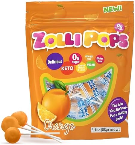 Zollipops Clean Teeth Pops Sugar Free Candy, Dye-Free Lollipops - Keto & Diabetic-Friendly, Dentist-Approved Treats for Kids (Orange, 3.1 oz)