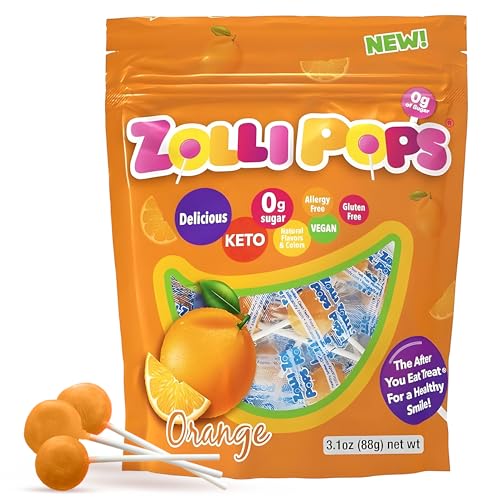 Zollipops Clean Teeth Pops Sugar Free Candy with Xylitol, Dye-Free Lollipops - Keto & Diabetic-Friendly, Dentist-Approved Treats for Kids (Orange, 3.1 oz)