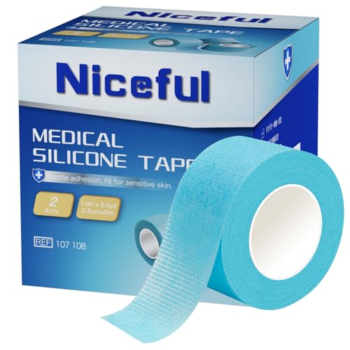 Niceful 2 Rolls Silicone Medical Tape for Wound Care - Surgical Tape for Secures Dressings and Gauze, Blue Waterproof Medical Tape for Sensitive Skin ï¼ˆ1