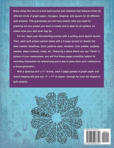 A LOVE FOR QUILTING JOURNAL NOTEBOOK AND GRAPH PAPER: A 200 Page Quilt Journal for 25 Quilt Projects with 2-Page Spread for Hexagon, Diagonal, and ... Grids for Each Project (Love for Crafts) - Image 2