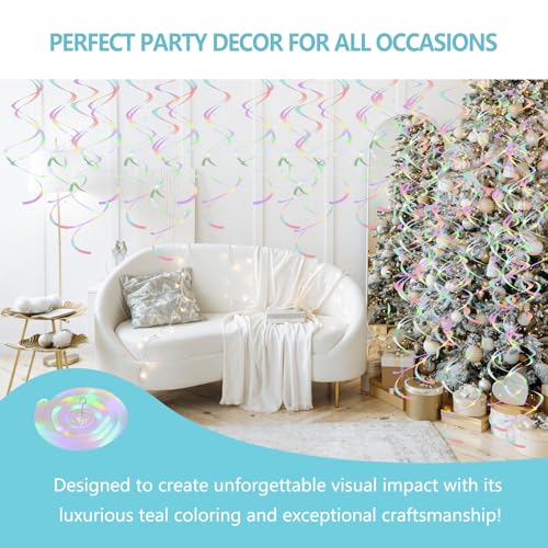 Image of Iridescent Hanging Swirls Party Decorations 30 Pack- Extra Long Double Swirl Ceiling Decorations for Birthday, Baby Shower, Christmas, Wedding| Reusable Iridescent Party Streamers with Hooks