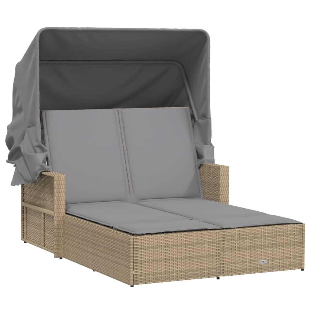 Homgoday Lits de jardin, lit double avec auvent et coussins beige mixte polyrotin, chaises longues, canapé-lit, lit meuble, lit de piscine, chaise longue de jardin w