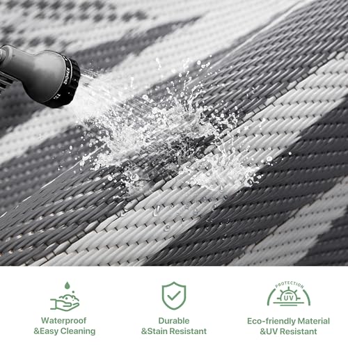 GENIMO Outdoor Teppich Wetterfest 180x275cm, Balkon Teppich mit botanischem Blattmuster, Waschbarer, Polypropylen-Teppich für Camping, Garten, Wohnmobil, Terrasse & Hinterhof – Grau & Weiß