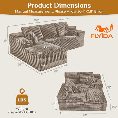 Image of 108 inch Boneless Cloud Sectional Couches for Living Room, Fluffy Comfy L Shaped Memory Foam Deep Seat Boneless Couch, Modular Sectional Sofas with Left Facing Chaise, Brown