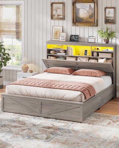 Image of AOGLLATI Farmhouse Full Size Bed Frame with Lift Up Storage, Grey