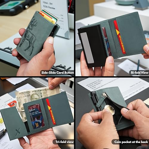 Image of The X Project Staggo Trifold Wallet | Premium Genuine Leather | Aluminium Cardholder | Side Slide Pop-Up Card Ejector | Carry Up to 6 Cards and 1 Slot for Carrying Cash & Folded Bills (Blue)